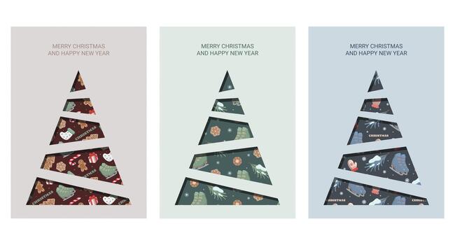 Set of three Christmas greeting cards with Merry Christmas and Happy New Year text and stylized trees made of triangle segments filled with festive icons. Backgrounds in beige, pale green vector