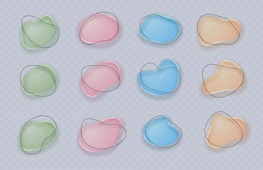 Collection of design elements or frames of various shapes and a drop-shaped star in a liquid glass style. Graphic design element featuring an irregular, random, round pebble shape. vector