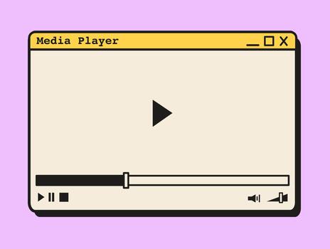 Retro vaporwave player in a popup system window with play bar, timeline, and interface buttons. 90s desktop media application mockup in nostalgic aesthetic. Flat Style Illustration. vector