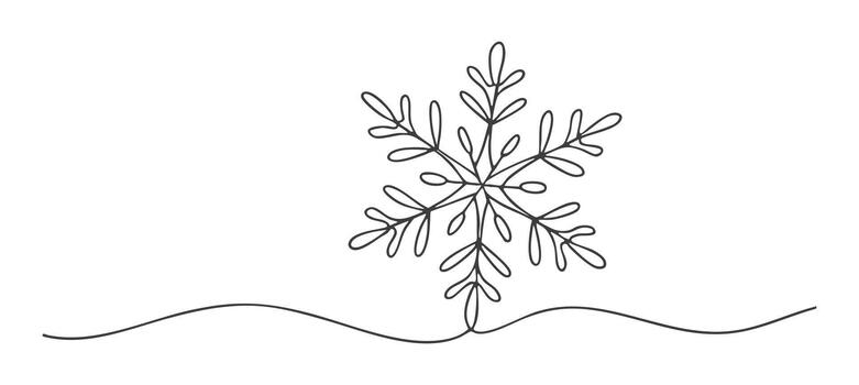Black continuous one line drawing of elegant snowflake and curved line isolated on white background with copy space, outline. concept of winter, holiday decor, christmas, icon, graphic design element vector