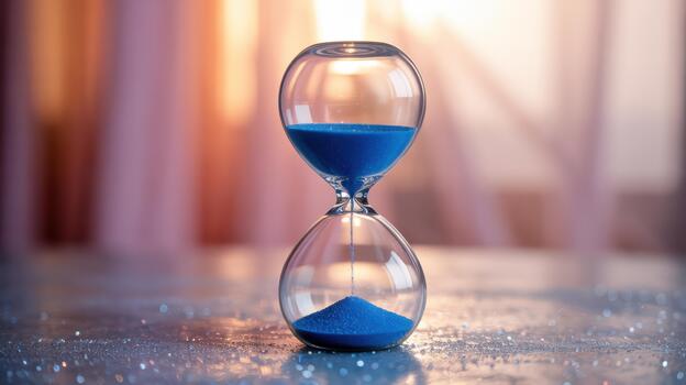 Elegant hourglass with blue sand, symbolizing the passage of time, set against a sparkling backdrop, evoking a sense of urgency and reflection photo