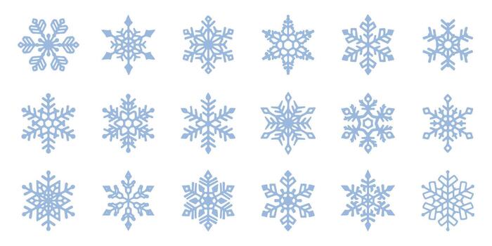 A set of blue snowflakes of various shapes. A collection of snowflake sketches. Winter icons on a white background. vector