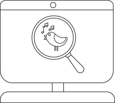 Line art of bird singing under magnifying glass on computer screen vector