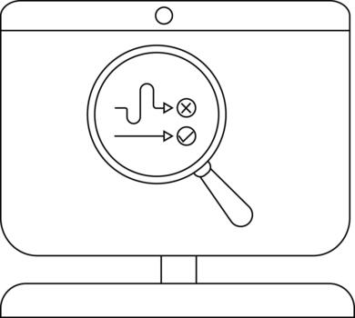 minimalista línea Arte de computadora monitor con aumentador vaso y diagrama de flujo vector