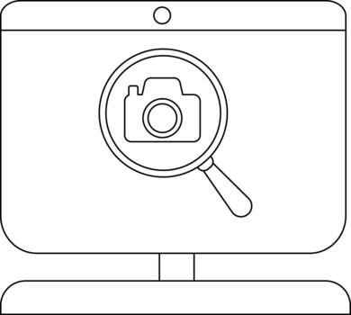 contorno de computadora pantalla con cámara y aumentador vaso icono vector
