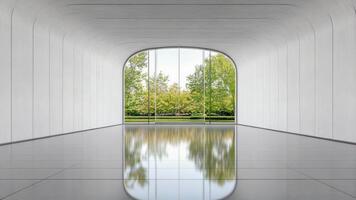 An empty room with a large window and a reflection of trees video