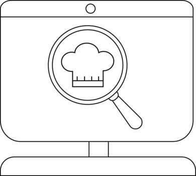 Outline of computer screen with chef hat and magnifying glass icon vector