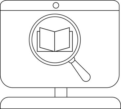Outline of computer with magnifying glass and open book icon vector