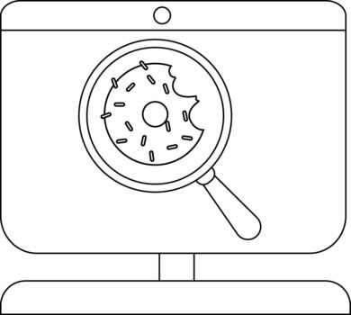 Magnifying glass focusing on donut with bite in line art style vector