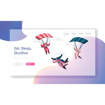 Group of Skydivers Fly Between Clouds Landing Page vector
