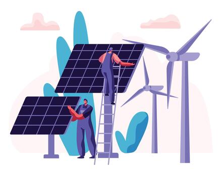 Workers with solar panels and wind turbines vector