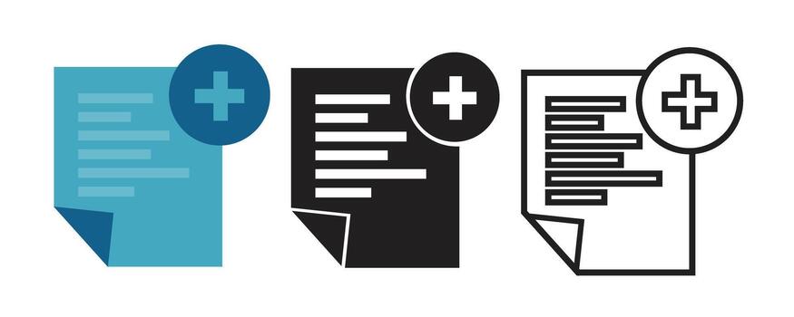 añadir documento icono conjunto en departamento, sólido, y contorno estilos. nuevo archivo creación símbolo, digital formar ilustración para oficina flujo de trabajo, datos gestión, y negocio aplicaciones vector