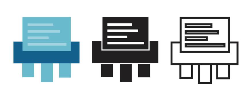 Paper shredder icon set in flat, solid, and outline styles. document destruction machine symbol for security, privacy, office management, and data protection themes. vector
