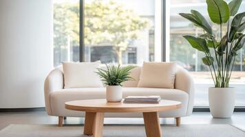 en vit soffa och tabell i främre av en stor fönster video