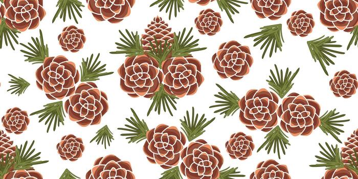 Minimal seamless pattern with pine cones and sharp green needle branches on white background. Ideal for winter textiles, wrapping paper, Christmas crafts, and seasonal decorative prints vector