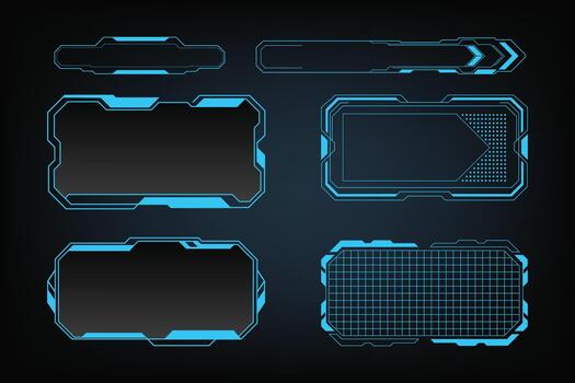 Futuristic HUD Frames and UI Panels Neon Blue Sci-Fi Interface Borders, Digital Display Boxes, Tech Windows, and Cyber Frame Elements on Dark Background vector