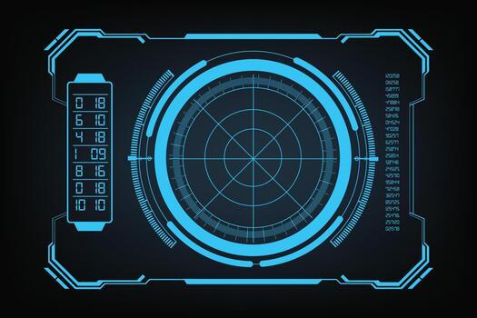 futurista Radar hud interfaz neón azul ciencia fi objetivo escáner, digital rastreo mostrar, circular ui panel, y ciber tecnología cubrir en oscuro antecedentes vector