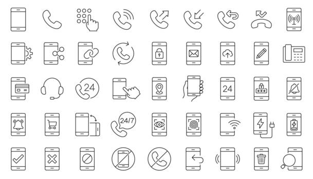 teléfono línea icono conjunto exhibiendo comunicación, conectividad, y móvil funcionalidad. esta versátil conjunto es diseñado para aplicaciones, ui proyectos y digital interfaces con 45 editable carrera iconos vector
