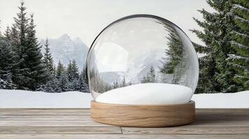 un' neve globo su un' di legno tavolo con alberi nel il sfondo video