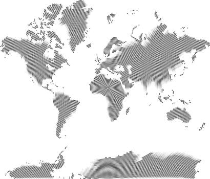 Abstract world map with geometric round dotted infographic shape pattern focusing country and continent of the universe. Global data and inter connected circle grid pattern in world map vector