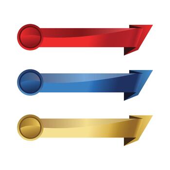 A collection of three horizontal ribbon banners featuring a circular element on the left and an arrow-like point on the right. The ribbons are colored bright red, deep blue, and metallic gold, all ren vector