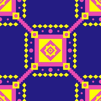 simétrico geométrico moderno cultural diseño con intersectando líneas diamante formas en brillante rosa, amarillo, profundo azul. esta diseño formas un estructurado cuadrícula con decorativo esquinas, fondo de pantalla, embalaje vector