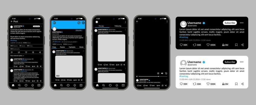 Screenshots of the X app formerly Twitter in dark mode, detailed UI mockups vector