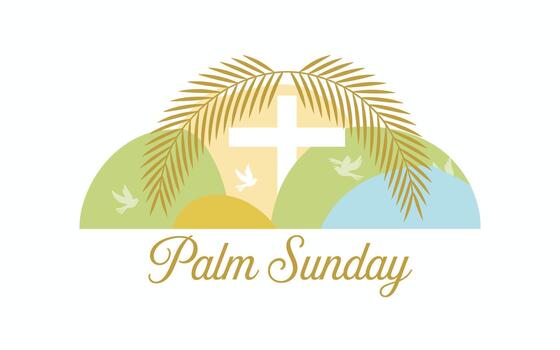 Palm sunday logo with a cross and palm leaves on a colorful background vector