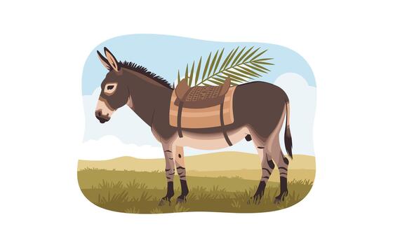 An illustration of a brown donkey standing in a field with a saddle and palm leaves on its back in a natural landscape vector