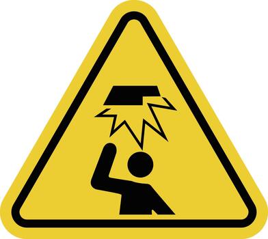 cabeza lesión peligro. amarillo advertencia triángulo signo. curva terminado cuando paso y vestir un difícil sombrero Si necesario. sobresaliendo estructuras vector