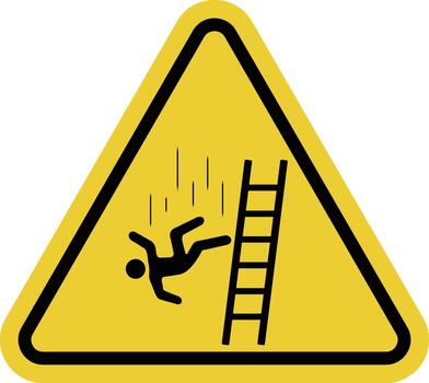 Falling from a ladder. Yellow warning triangle. Warnings about the need to move carefully and secure ladders. Follow safety precautions. vector