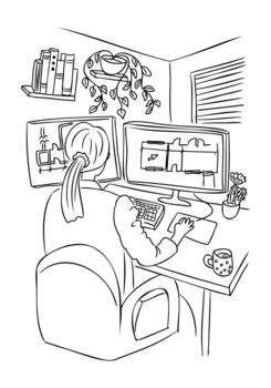 Hand drawn architect working at desk with computer screens showing floor plan and technical drawing in home office interior. This illustration represents architectural design workflow vector