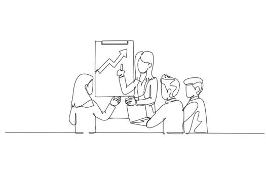 Single one line drawing four human colleagues, two men and two women on successful business presentation, pointing to an upward trending graph. Continuous line draw design graphic illustration vector