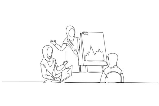 Single continuous line drawing three Arab women engaged in business meeting, present market data on fluctuating chart while using laptop for analysis. One line draw graphic design illustration vector