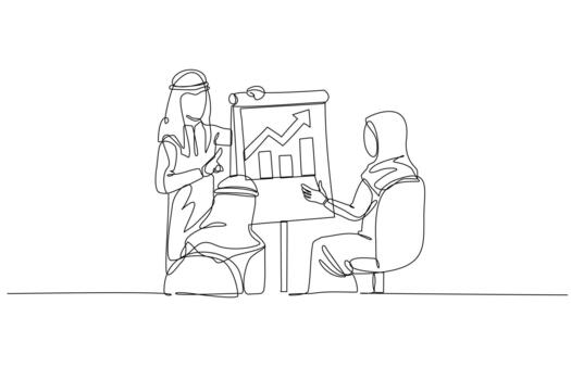 Continuous one line drawing three Arab colleagues on successful business presentation, pointing to an upward trending bar graph to symbolize growth. Single line draw design graphic illustration vector