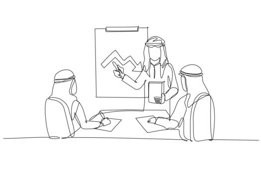 continuo uno línea dibujo Tres árabe hombres en corporativo ajuste con uno presentación fluctuante flecha cuadro. discusión mercado retos estratégico. soltero línea dibujar diseño gráfico ilustración vector
