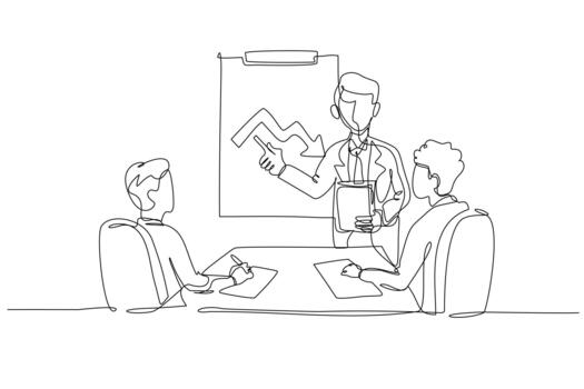 Single continuous line drawing male manager showing downturn chart to two seated colleagues taking notes. Review of poor finance business performance. One line draw graphic design illustration vector