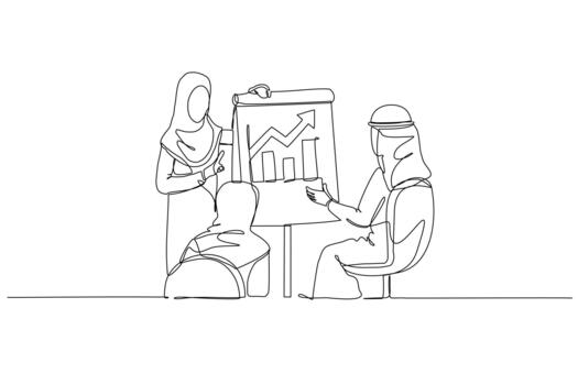 Single continuous line drawing three Arab colleagues, one female presenting growth chart with bar line graphs. Successful strategy in regional meeting. One line draw graphic design illustration vector