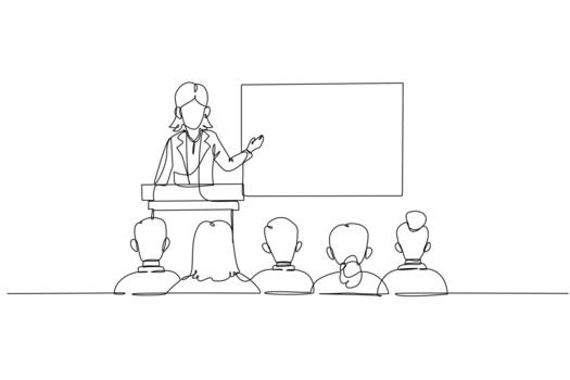 Continuous one line drawing female speaker at podium with microphone, presenting to audience of seated colleagues or attendees, business conference. Single line draw design graphic illustration vector
