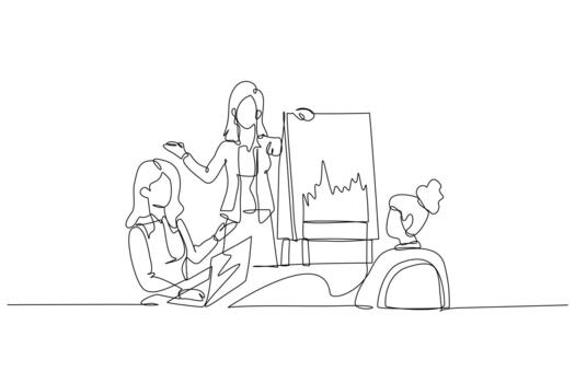Single one line drawing three women in business meeting setting. One woman is giving presentation next to flip chart with an upward trend graph. Continuous line draw design graphic illustration vector