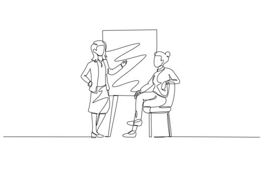 continuo uno línea dibujo mujer presentación un gráfico con volátil tendencia a uno sentado hembra colega. revisión enfocado en desafiante actuación. soltero línea dibujar diseño gráfico ilustración vector