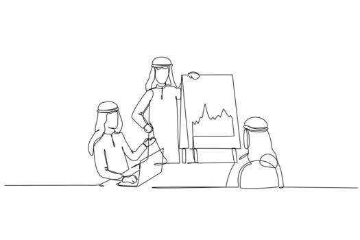 Continuous one line drawing Arab men in business meeting. One man standing next to flip chart with volatile line graph. Review market performance. Single line draw design graphic illustration vector