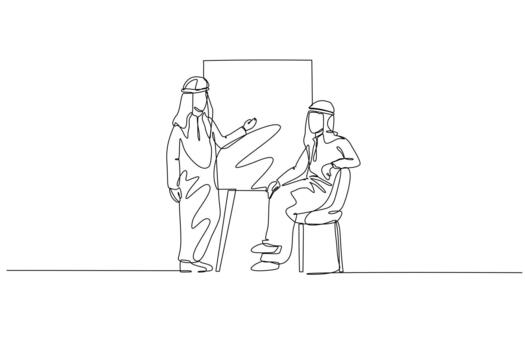 Continuous one line drawing two Arab men in professional setting, one presenting chart to seated colleague. Discussion on volatile business performance. Single line design graphic illustration vector