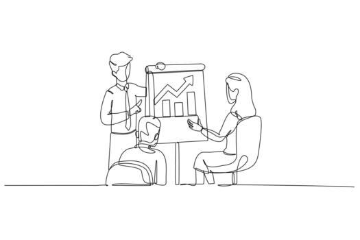 Single one line drawing three colleagues in business presentation reviewing flip chart with upward trend bar graph. Successful financial growth. Continuous line draw design graphic illustration vector