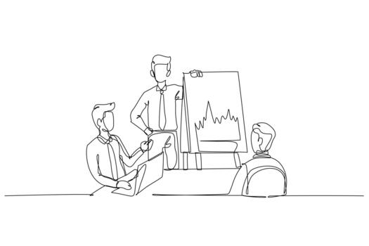 Single one line drawing three businessmen in office meeting, with one presenting fluctuating chart to colleagues, discussion business strategy. Continuous line draw design graphic illustration vector