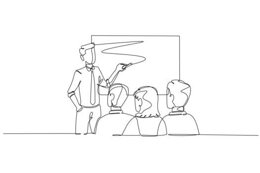 Single one line drawing male presenter explaining volatile finance chart to seated audience, symbolizing business meeting or training strategy. Continuous line draw design graphic illustration vector