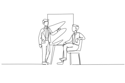 Single one line drawing two businessman in office, one presenting finance report to his colleague. Discussion on volatile business performance. Continuous line draw design graphic illustration vector