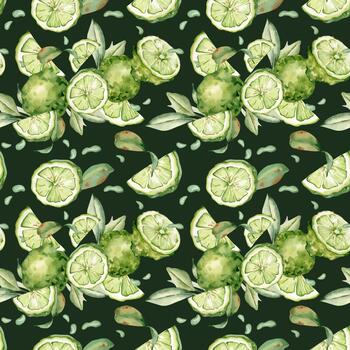 verde bergamota y Lima acuarela impresión aislado en negro. mano dibujado agrios frutas con hojas en un sin costura botánico modelo. genial para tela, embalaje, y verano diseños, textil. vector
