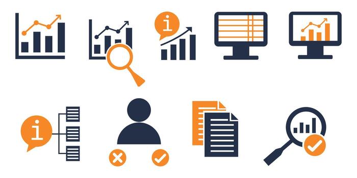 Data Analytics and Business Intelligence Icon Set Business Data, Charts, Reports and Insights Icons Minimal Flat Style vector