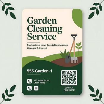 jardín limpieza Servicio Bosquejo volantes diseño con qr código teléfono número habla a y mapa icono vector